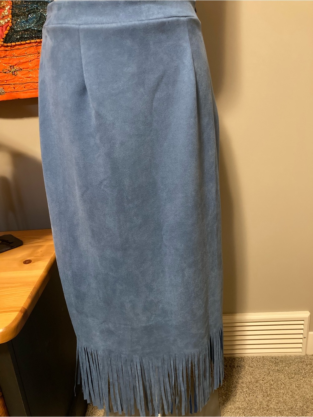 Blue Suede-Look Fringe Maxi Skirt